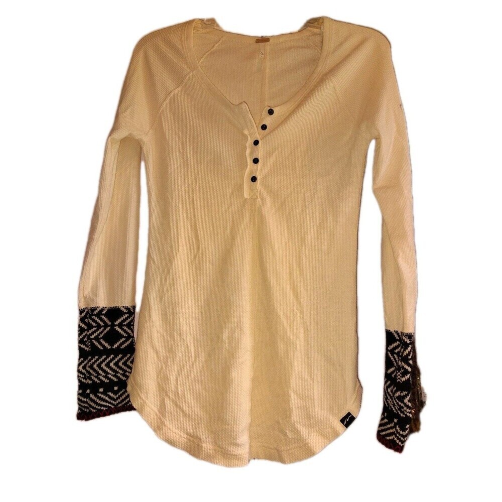 Techstyles Vail Colorado Thermal Waffle Knit Henley Shirt Ivory Cream Boho Large